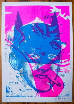 ''Batsmoker - pink and blue'' A3 limited edition screenprint by Mr Edwards