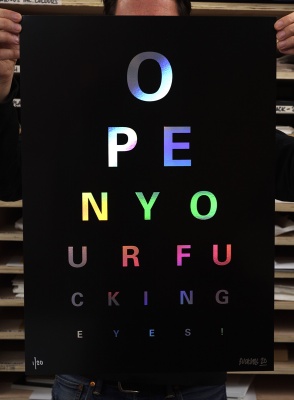 ''Rainbow Eye Test (black)'' screenprint on Holographic card by Alex Bucklee