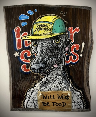''Will work for food'' unique stencil art on wood by Teddy Baden