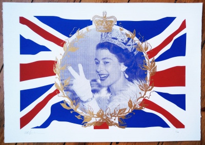 ''Up Yours Peasants'' screenprint with gold ink by Mr Edwards