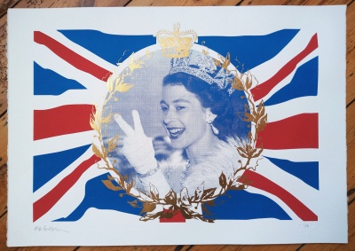 ''Up Yours Peasants'' screenprint with gold leaf by Mr Edwards