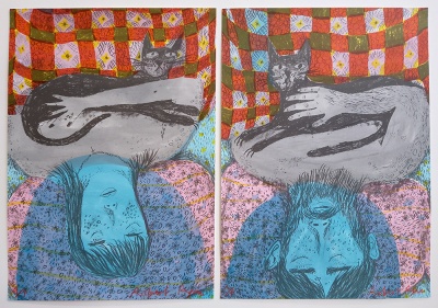 ''Cat Diptych (Untitled)'' artist proof screenprint pair by Rob Ryan
