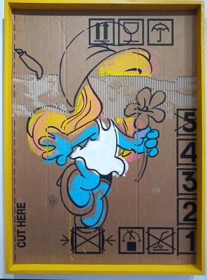 ''Cut here Smurfette'' unique screenprint on cardboard by Carl Stimpson
