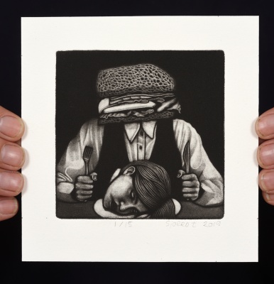 ''Sandwich Head'' limited edition mezzotint print by Sjoerd Tegelaers