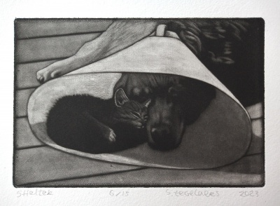 ''Shelter'' small mezzotint print by Sjoerd Tegelaers