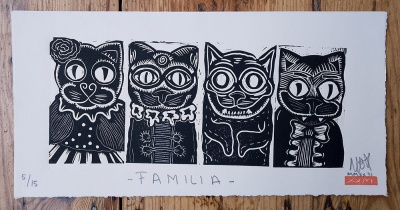 ''Familia'' limited edition linocut print by Tres Gatos