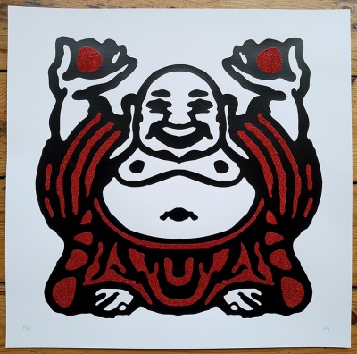 ''Smiling Buddha Blotter'' limited edition screenprint with glitter by Neil van der Knutsen