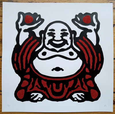 ''Smiling Buddha Blotter'' limited edition screenprint with glitter by Neil van der Knutsen