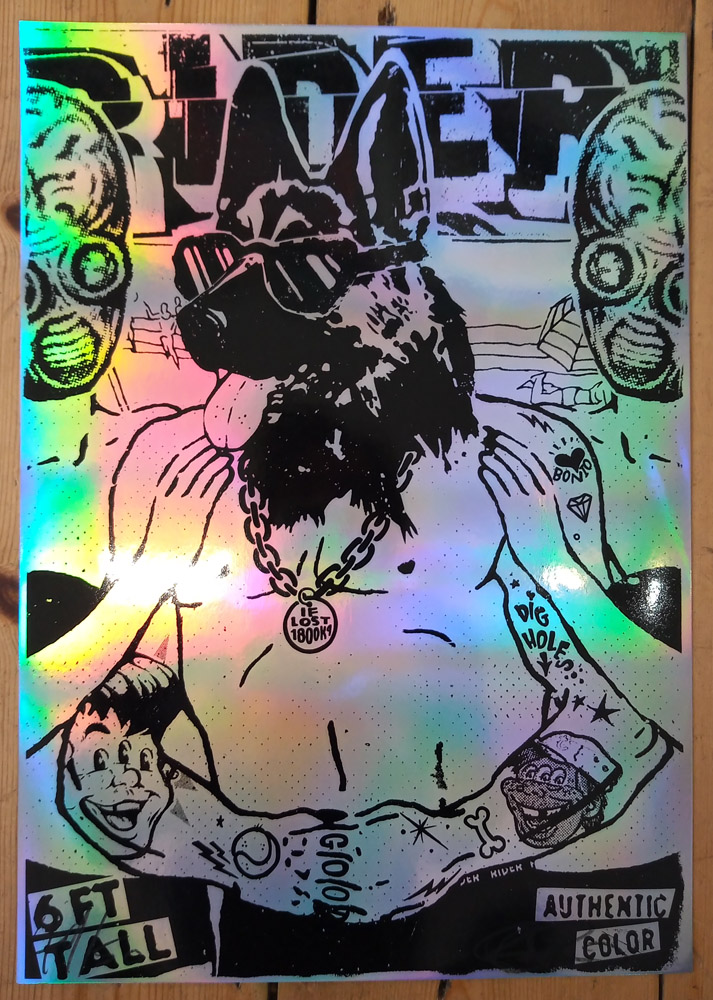''Good boy'' screenprint on holographic card by Ben Rider